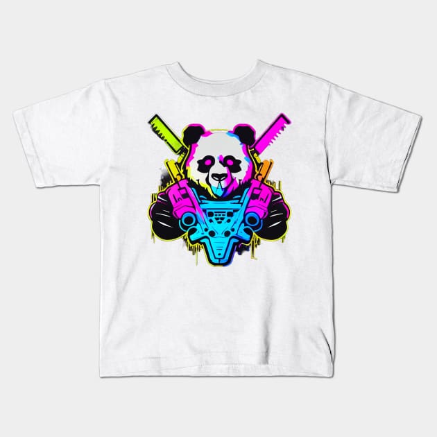 Colorful Cyborg Panda With Guns Kids T-Shirt by Bam-the-25th